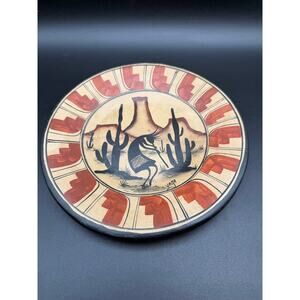 Signed Vagas Southwestern Studio Pottery Plate Kokopelli Cactus Hand Painted 8”